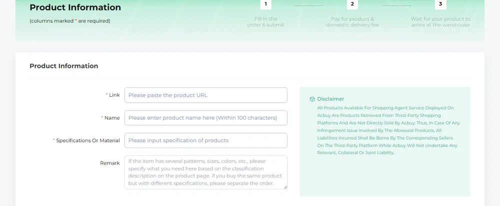 ACBuy's order form showing four fields, link, name, specifications and remark, beside a disclaimer panel about third-party platforms