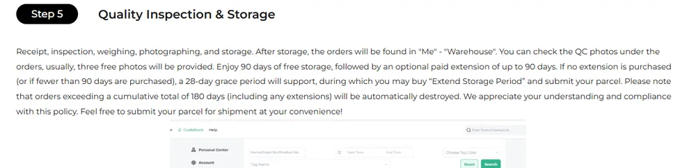 ACBuy's guide showing Step 5, Quality Inspection and Storage, with a paragraph on QC photos and the storage ladder
