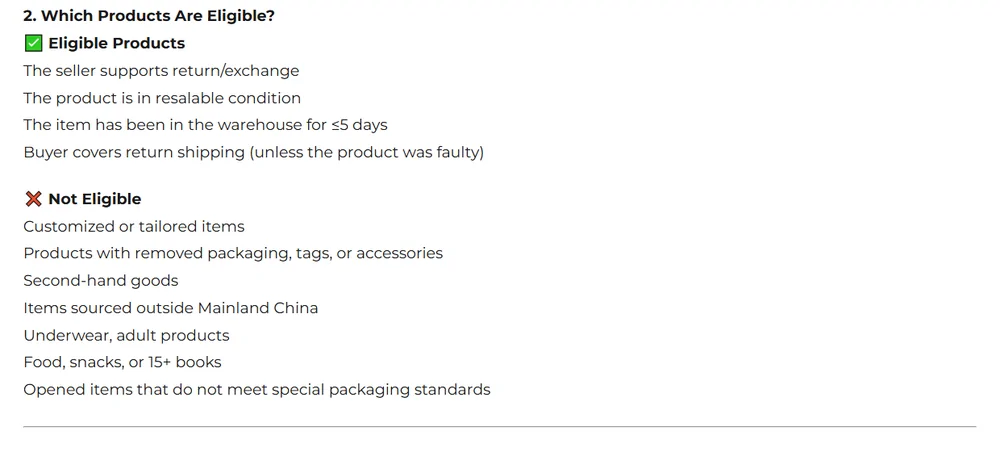 ACBuy's return policy page listing four eligible conditions and seven cases that are not eligible for the five-day guarantee