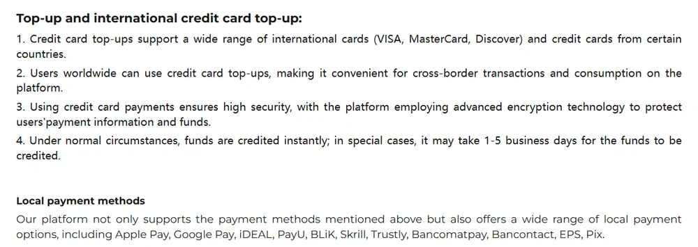 ACBuy's payment page listing four points about international credit card top-up and a paragraph naming eleven local payment methods