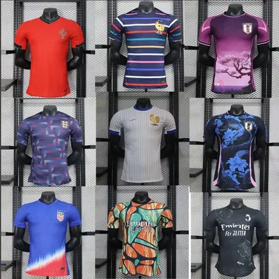 Nine football shirts from different national and club sides, displayed on headless mannequins across three shelves