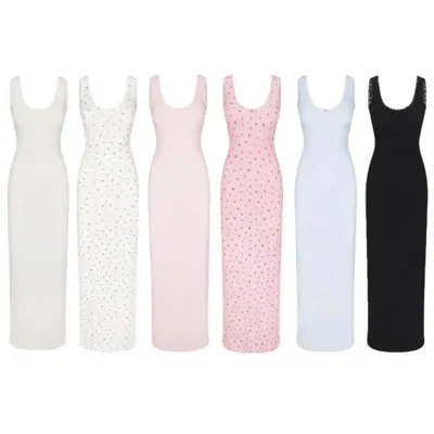 Six long fitted dresses in a row against white, in cream, white, pink, pale blue and black