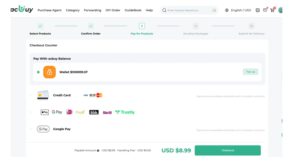 ACBuy checkout counter showing the five stage progress bar from select products to submit for delivery