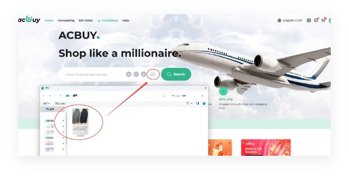 The ACBuy home page with the image search icon in the search bar circled and a file picker open