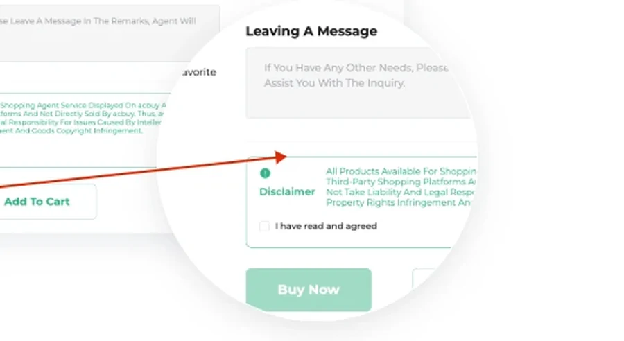 Close-up of the ACBuy leaving a message field, the platform disclaimer and the buy now button