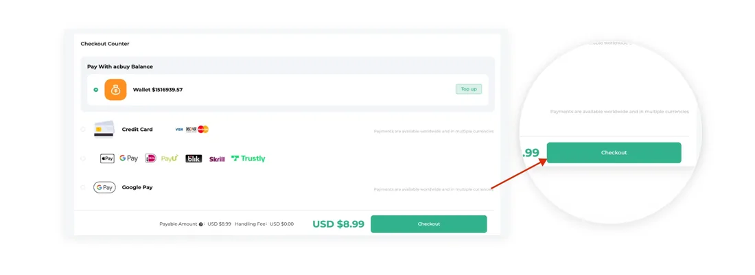 ACBuy checkout counter listing wallet balance, credit card, Apple Pay, Google Pay, PayPal, blik, Skrill and Trustly with a zero handling fee