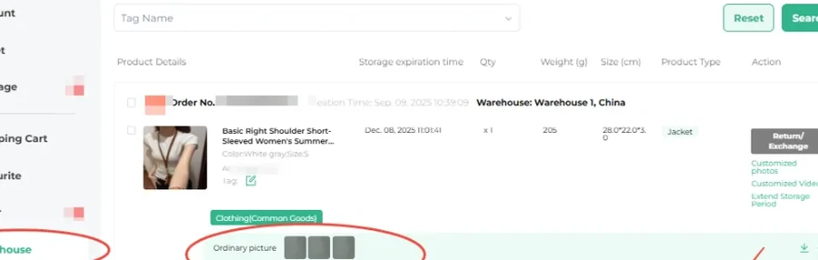 Close-up of an ACBuy warehouse row showing storage expiry, weight, size and the ordinary picture thumbnails