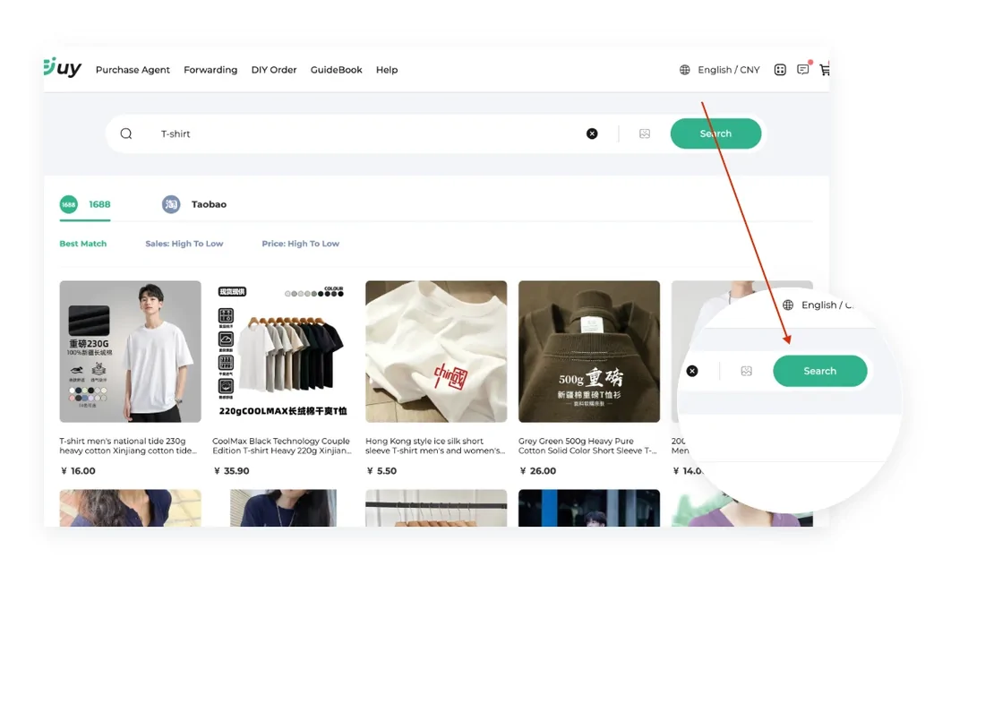 ACBuy search results page with separate tabs for 1688 and Taobao and sorting by best match, sales or price