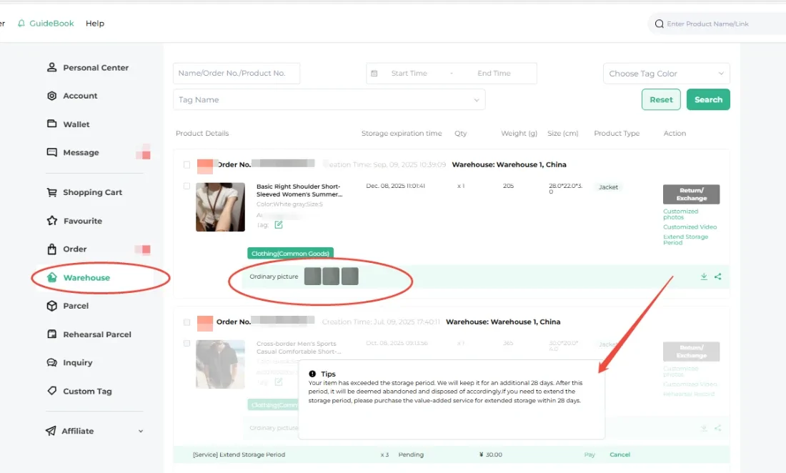 ACBuy warehouse page listing stored orders with storage expiry, weight, size and buttons for return, extra photos and extending storage